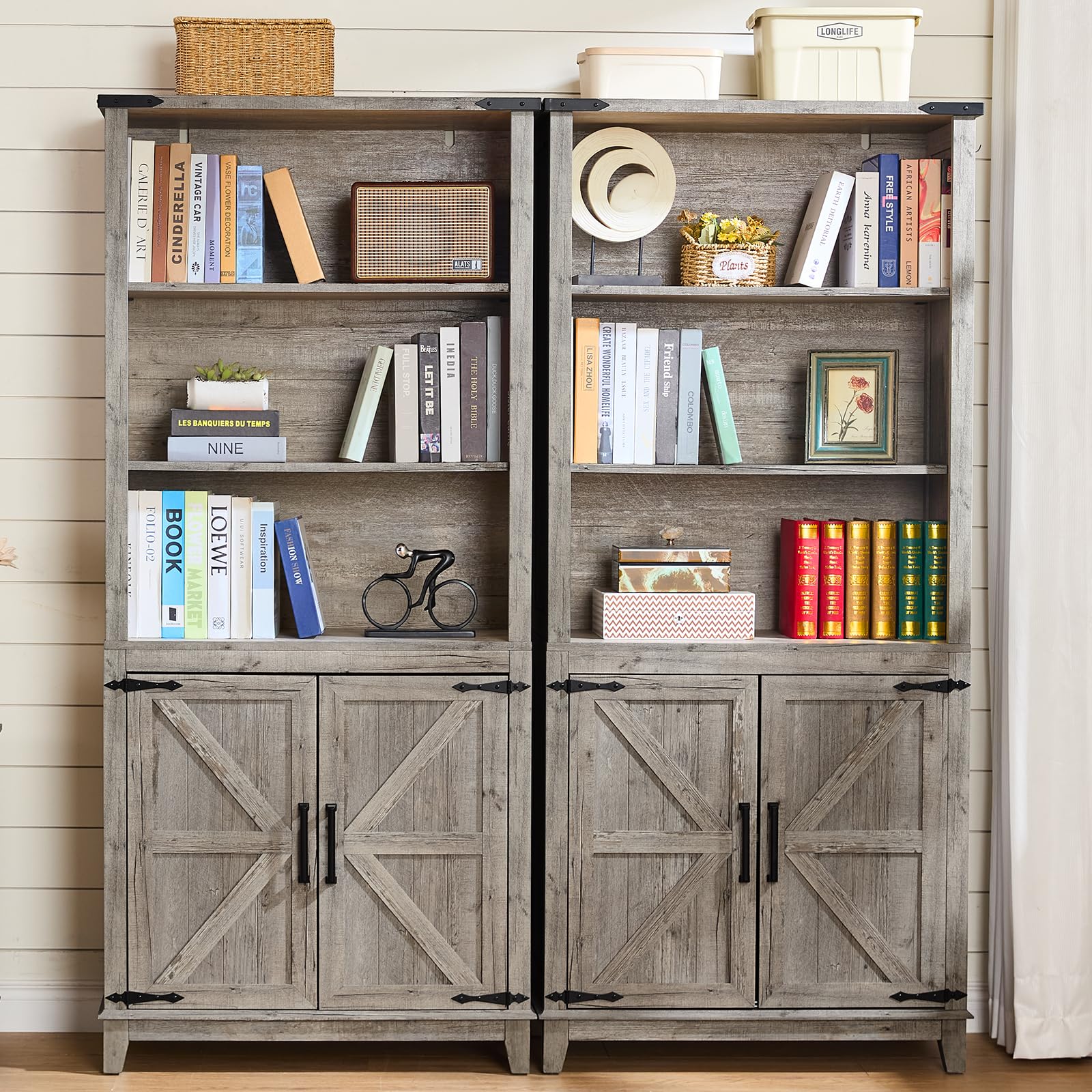 Joaxswe 70in Tall Bookshelf 5 Tier Bookcase with Barn Doors and Adjustable Shelves, Black Farmhouse Book Shelf with Storage Cabinet, Wood Freestanding Display Bookshelves for Bedroom, Living Room