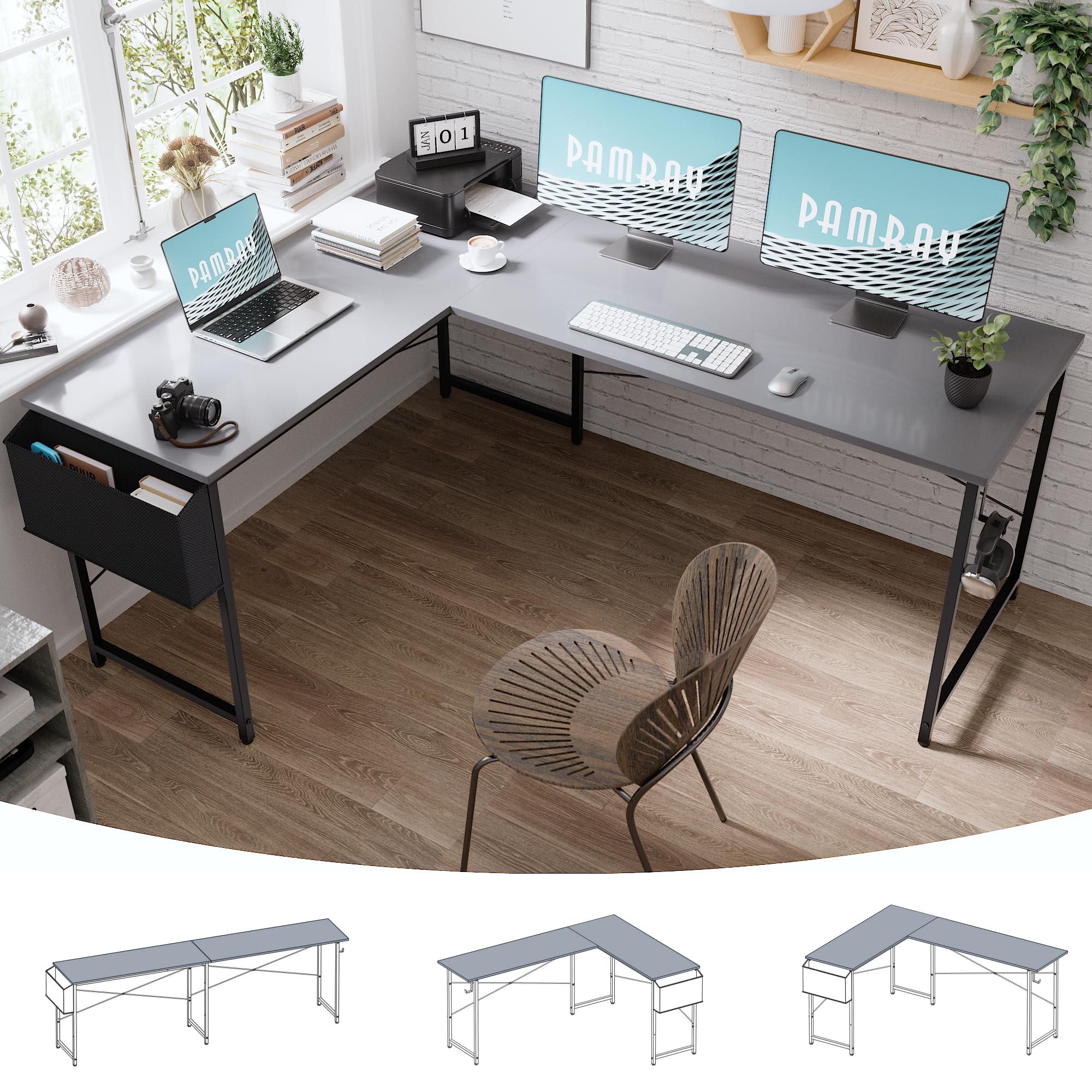 Pamray 64.5 Inch Reversible L Shaped Gaming Desk Large Corner Computer Desk with Storage Bag Home Office Table for Writing Study White