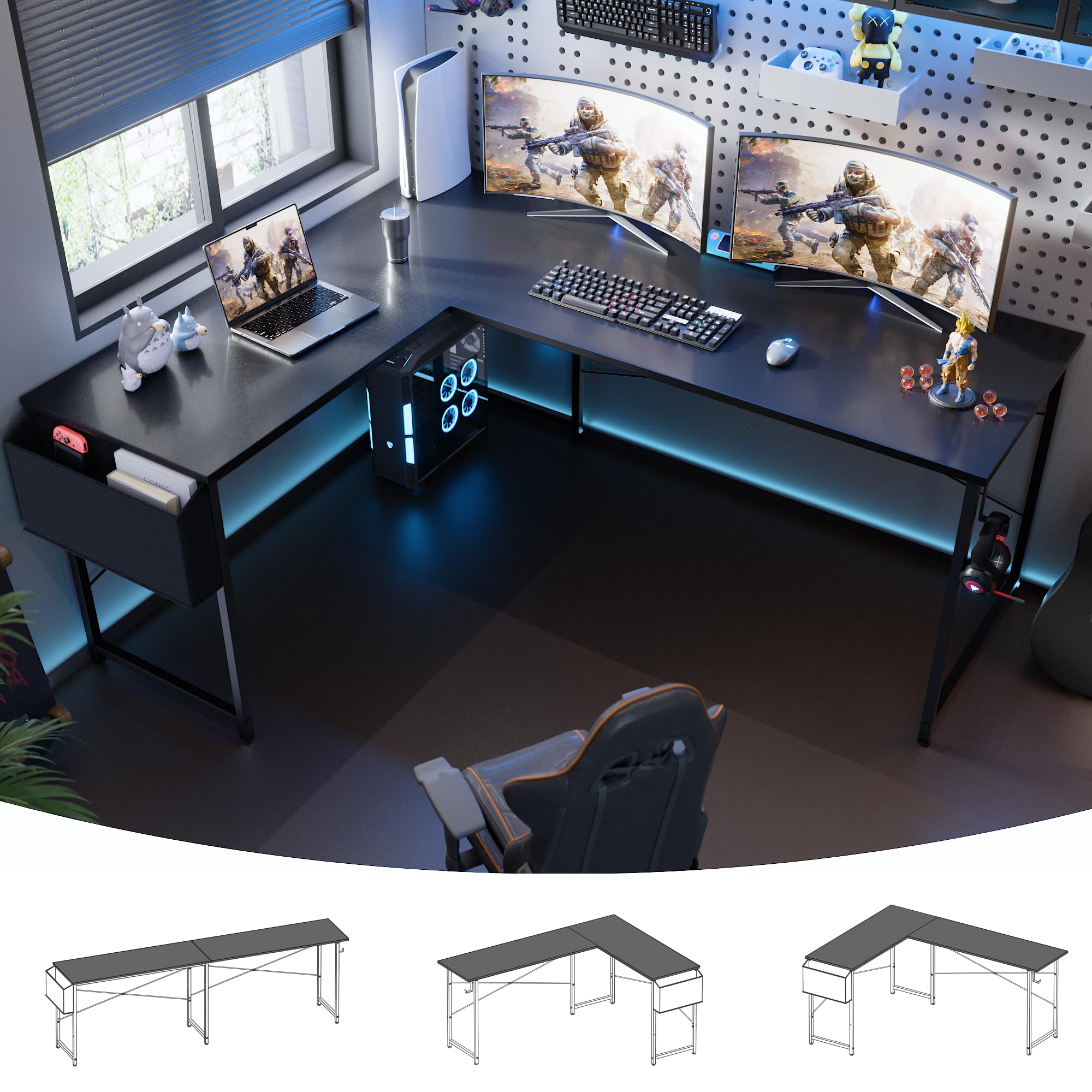 Pamray 64.5 Inch Reversible L Shaped Gaming Desk Large Corner Computer Desk with Storage Bag Home Office Table for Writing Study White