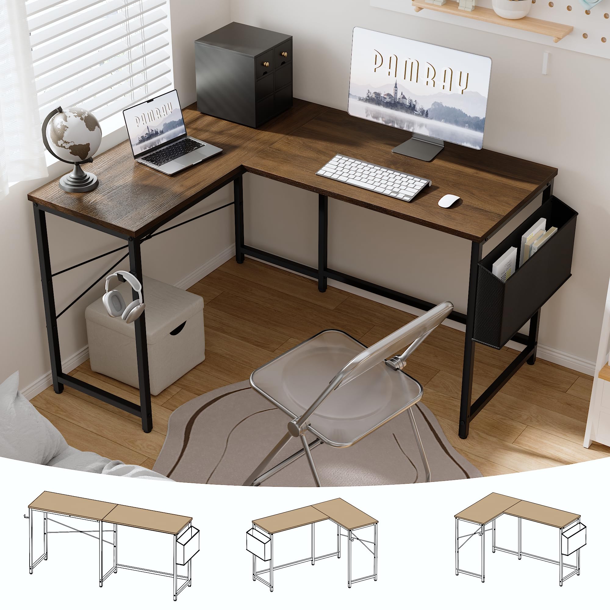 Pamray 64.5 Inch Reversible L Shaped Gaming Desk Large Corner Computer Desk with Storage Bag Home Office Table for Writing Study White