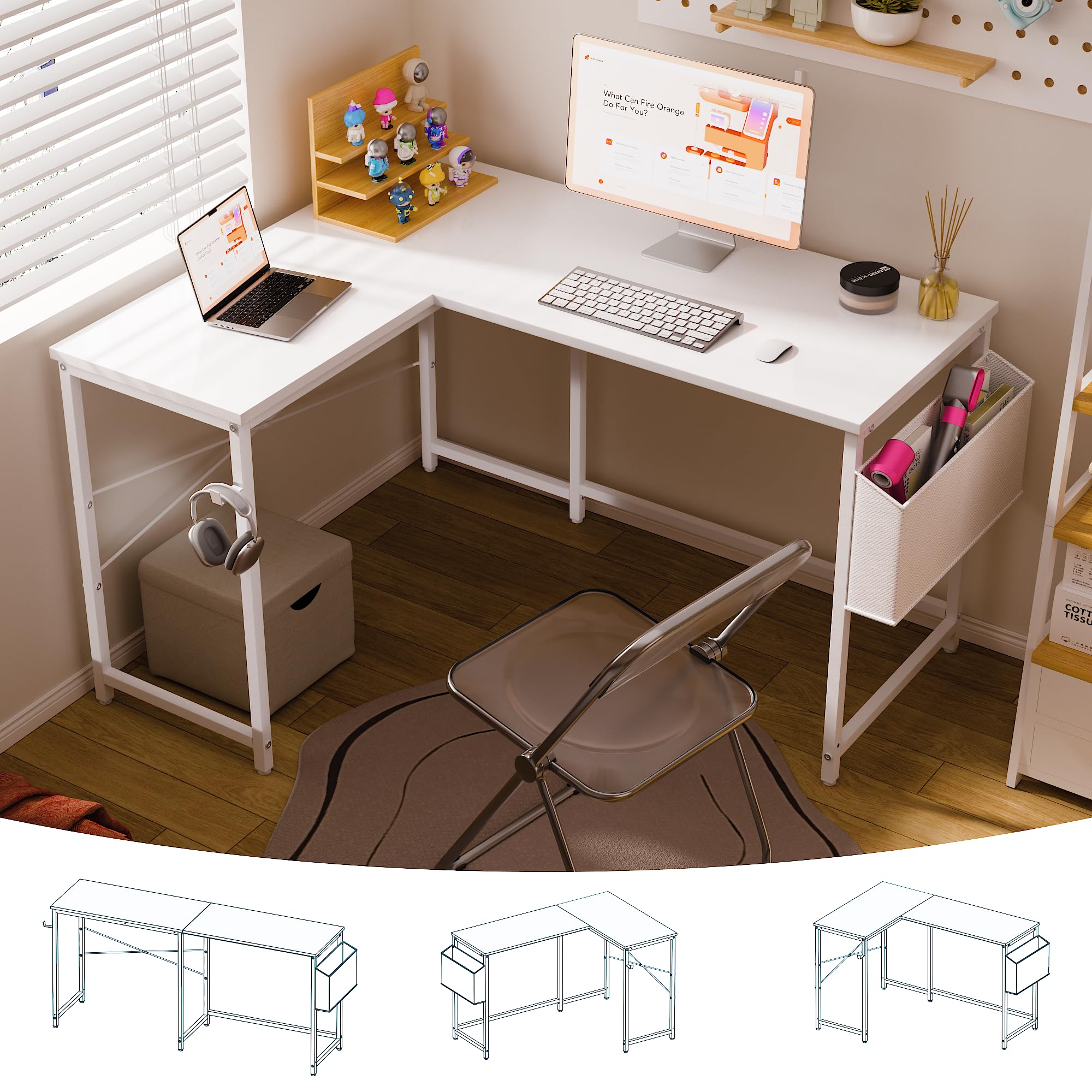 Pamray 64.5 Inch Reversible L Shaped Gaming Desk Large Corner Computer Desk with Storage Bag Home Office Table for Writing Study White