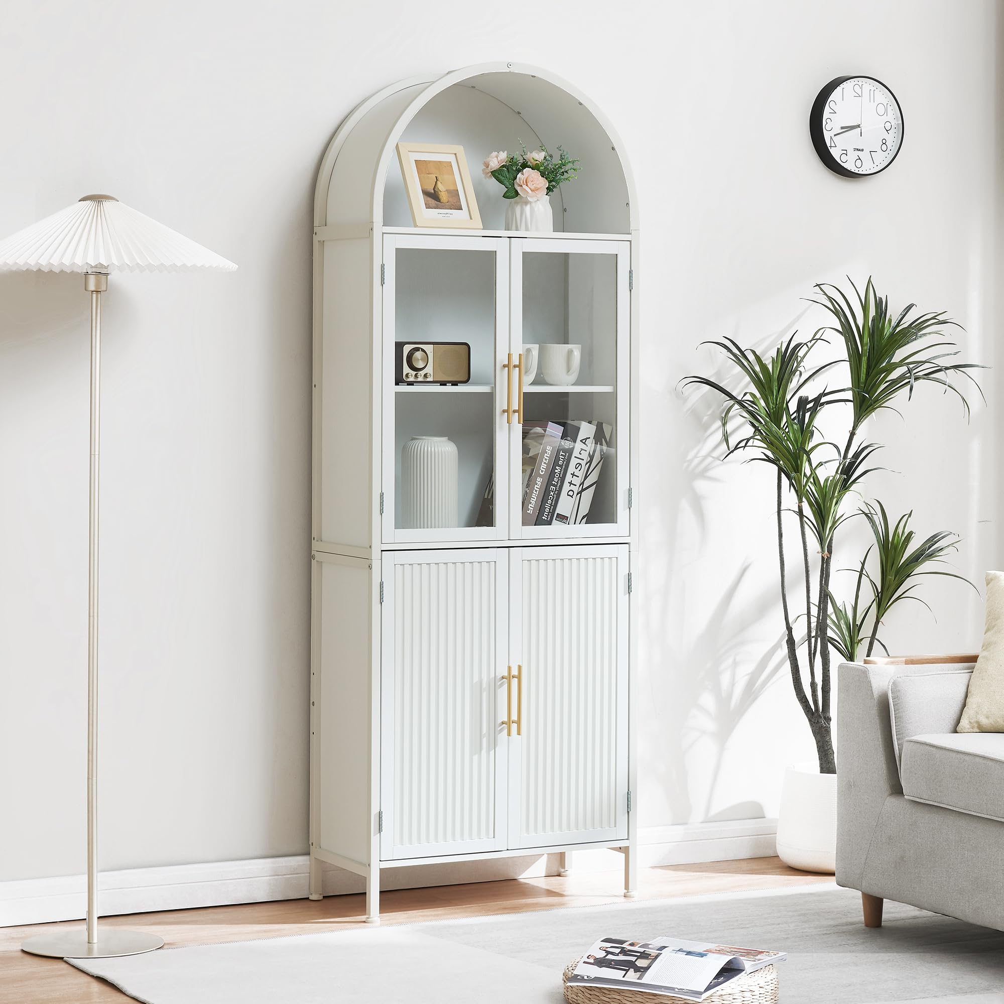 Arched Bookcase Book Shelf with Doors, 5 Tier Display Bookshelf Tall Cabinet with Storage, Industrial Floor Standing Bookshelves Open bookcases for Home Office, Living Room(Black)