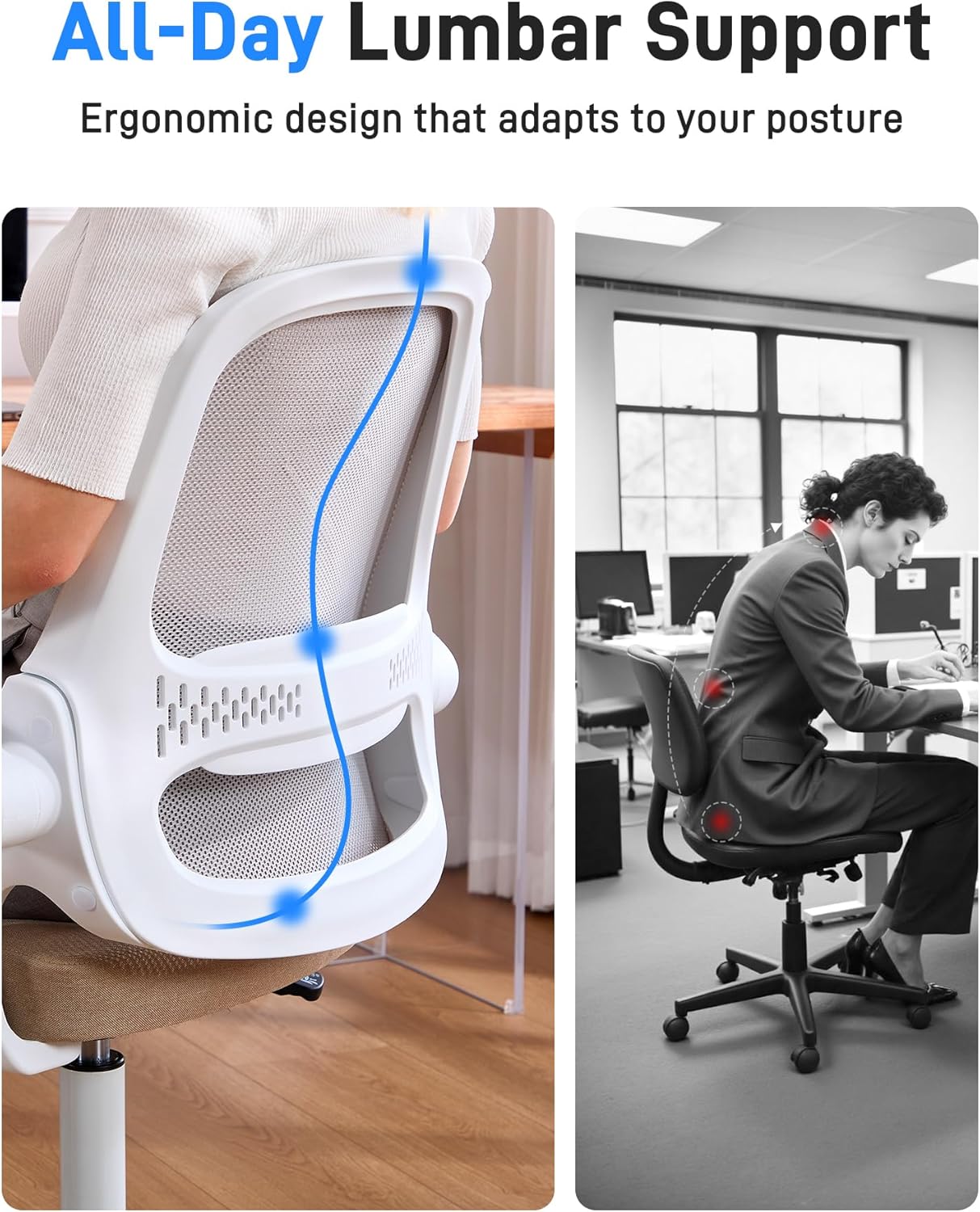 Ergonomic Mesh Office Chair for Home Office, Flip-Up Arms, Breathable Mesh Back & Thick Seat Cushion, Swivel Rolling Computer Desk Chair – BIFMA Certified, Supports 300 lbs (White Frame/Beige Seat)