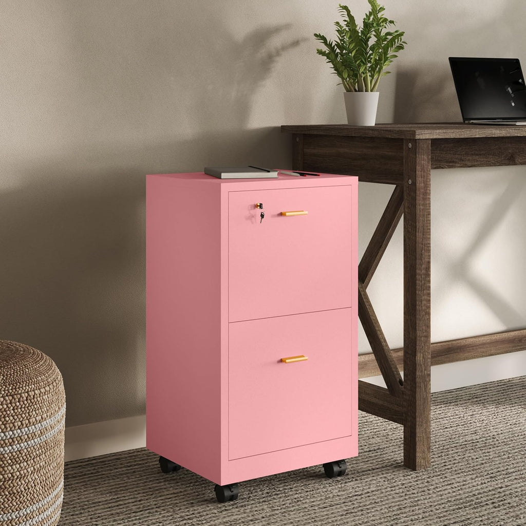Lavish Home 2 Drawer File Cabinet - Filing Cabinet with Lock - Rolling File Cabinet for Under Desk Storage - Wood Filing Cabinet for Home or Office Organization (Pink)
