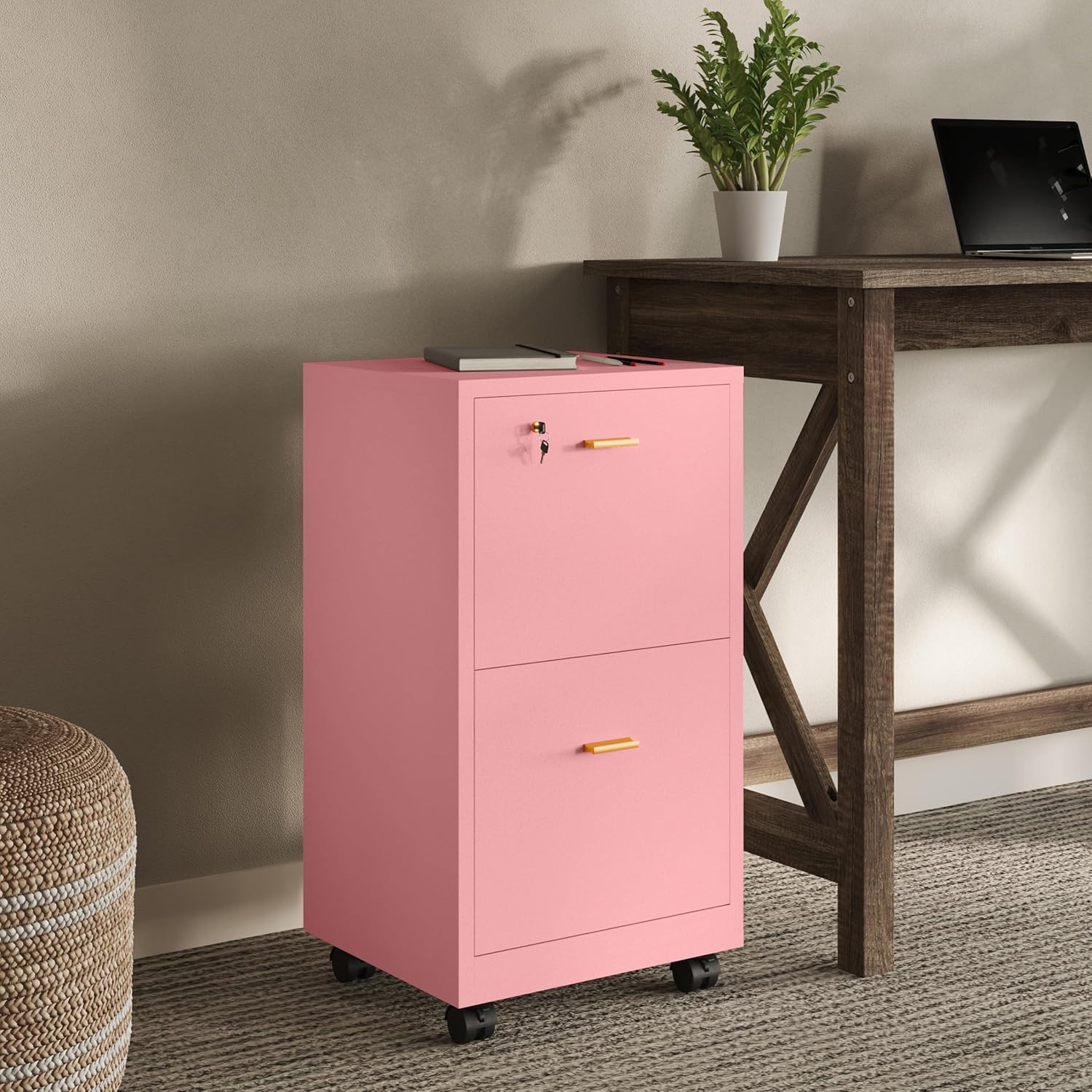 Lavish Home 2 Drawer File Cabinet - Filing Cabinet with Lock - Rolling File Cabinet for Under Desk Storage - Wood Filing Cabinet for Home or Office Organization (Pink)