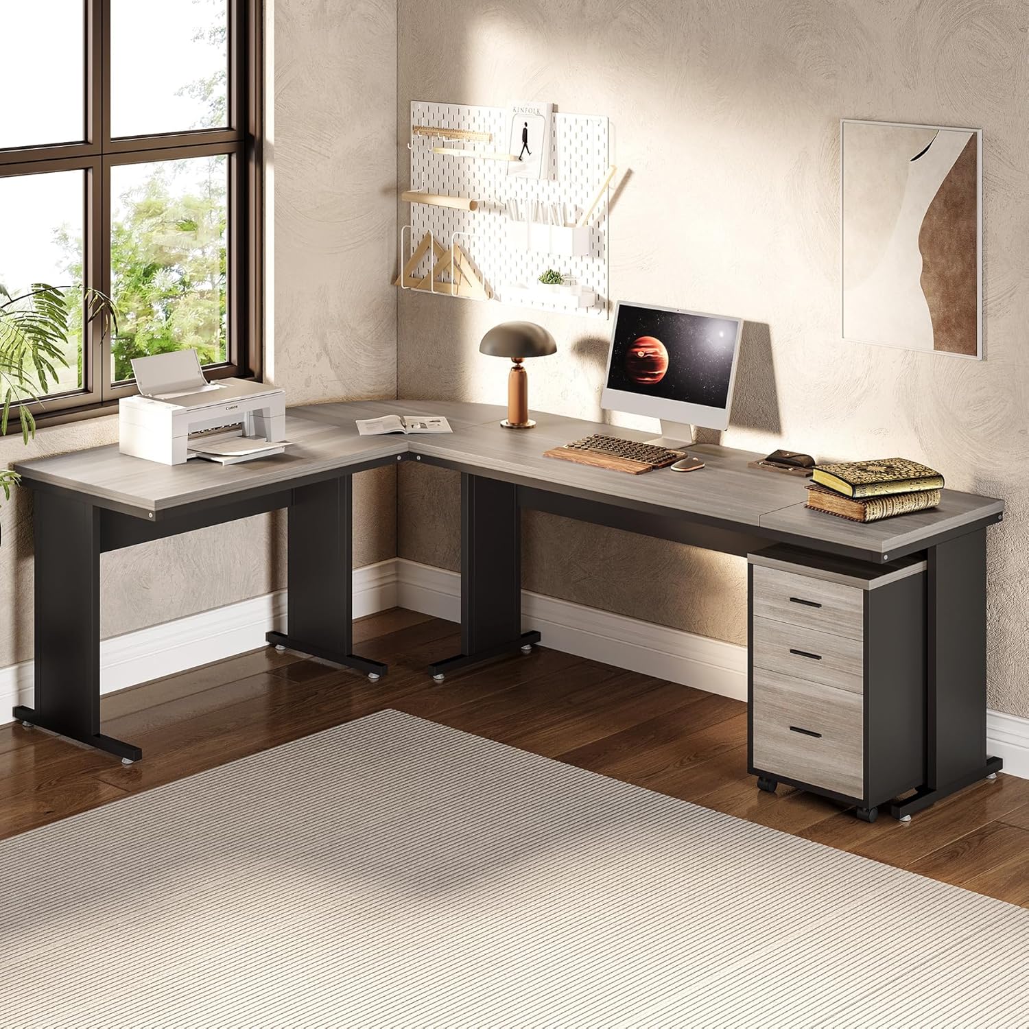 LITTLE TREE 82.67" Long Executive Desk with Drawers, Large L-Shaped Office Desk with Mobile File Cabinet, Farmhouse Computer Office Furniture Work Desk with Storage for Home Office, Gray