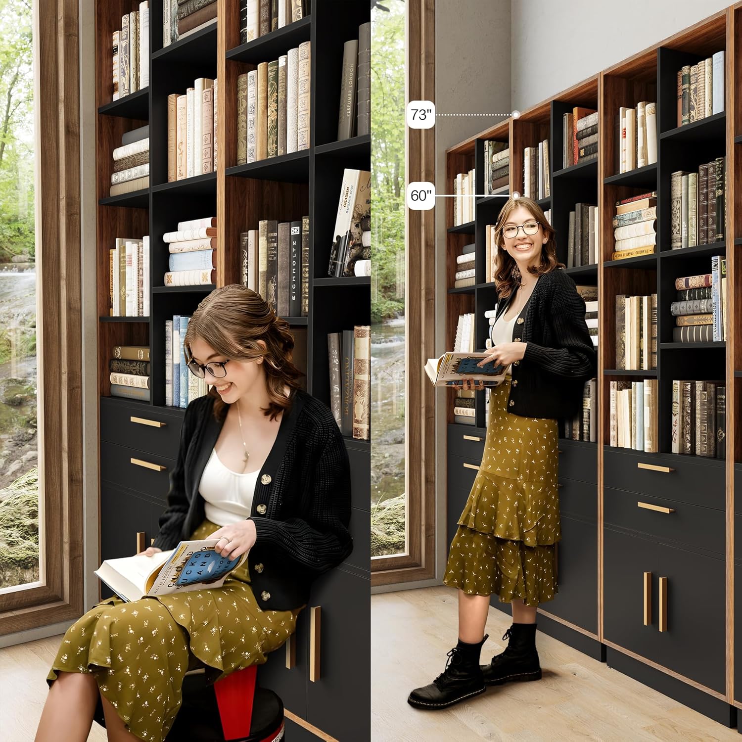 ModernMate Wood Bookcase with 2 Drawers and Doors, 8 Storage Cubes, 73.3" Tall Bookshelf, Modern Bookcases, Wooden Bookshelves for Home and Office, Living Room, Study, Black Walnut