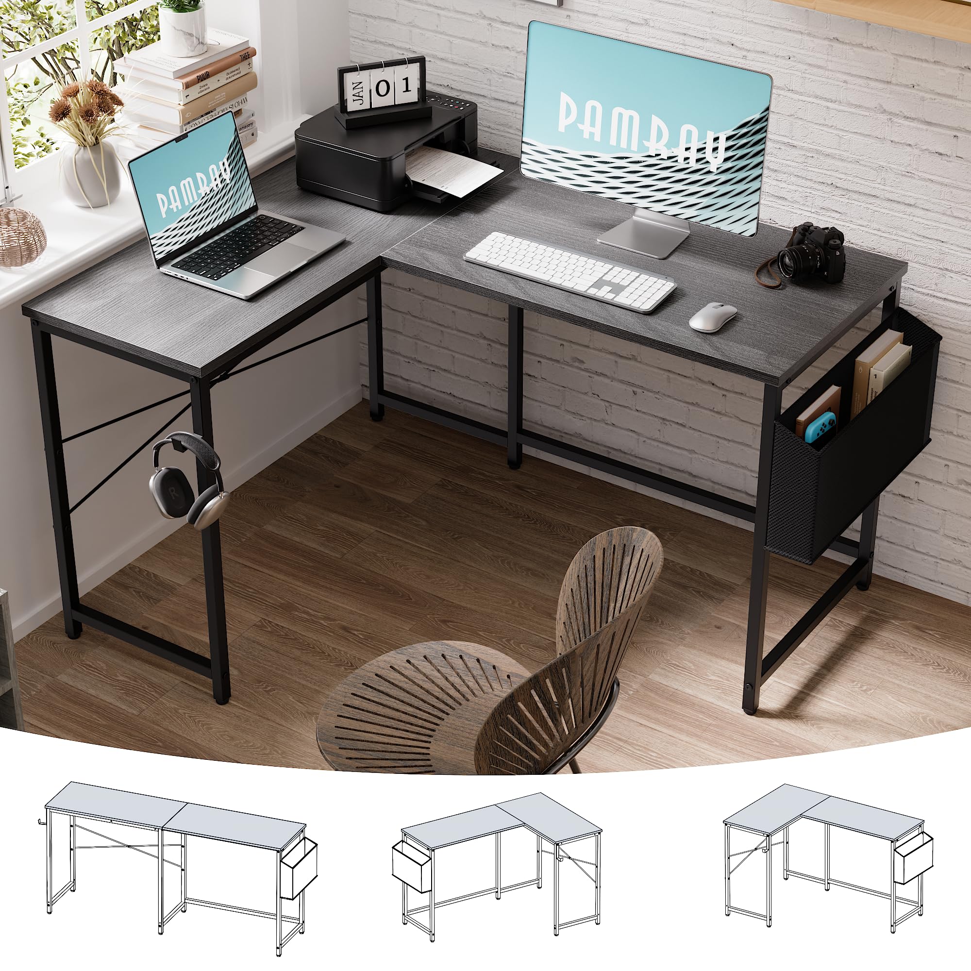 Pamray 64.5 Inch Reversible L Shaped Gaming Desk Large Corner Computer Desk with Storage Bag Home Office Table for Writing Study White